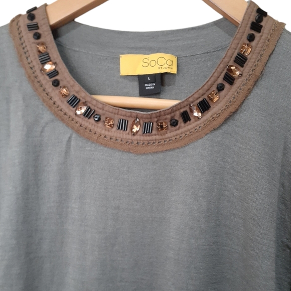 St John SoCa Merino Silk Cashmere Tank Sweater Green Beaded Neck Size Large - Picture 4 of 8